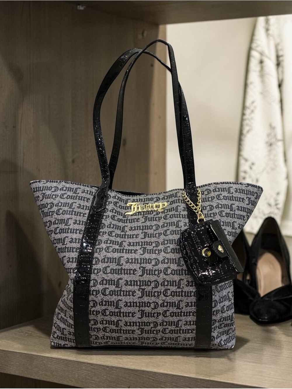Juicy Couture Black and Gray Logo Tote with Mini Coin Pouch Y2K Script 80's